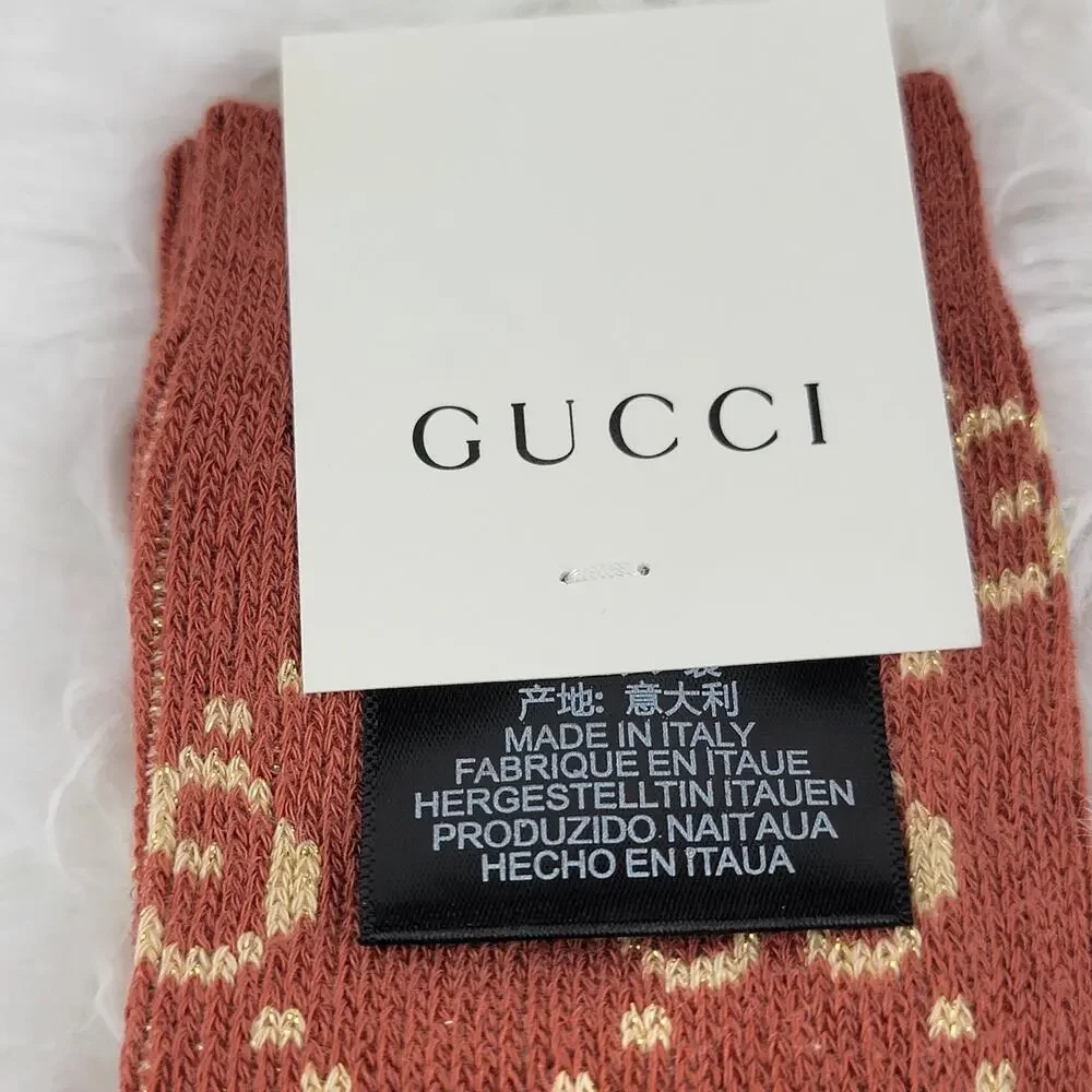 Gucci Crew Socks Unisex GG Logo Metallic 100% Authentic Red Beige Luxury New